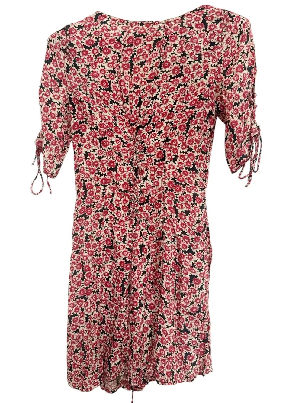 Free People Lace Up Mini Black Combo Dress Buttoned Front Ditsy Floral Print S